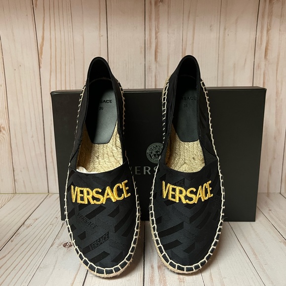 Versace Logo Jacquard Espadrille Flat Black/Gold Sz 36 / 6 - Picture 8 of 11